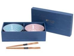 Set De 2 Bols à Riz "asanoha" Rose & Bleu Avec Baguettes