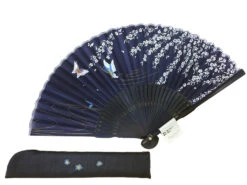 Eventail Bleu Nuit Papillons Avec Pochette