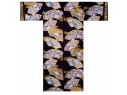 Kimono Satin Femme "éventails Fleuris" - Noir